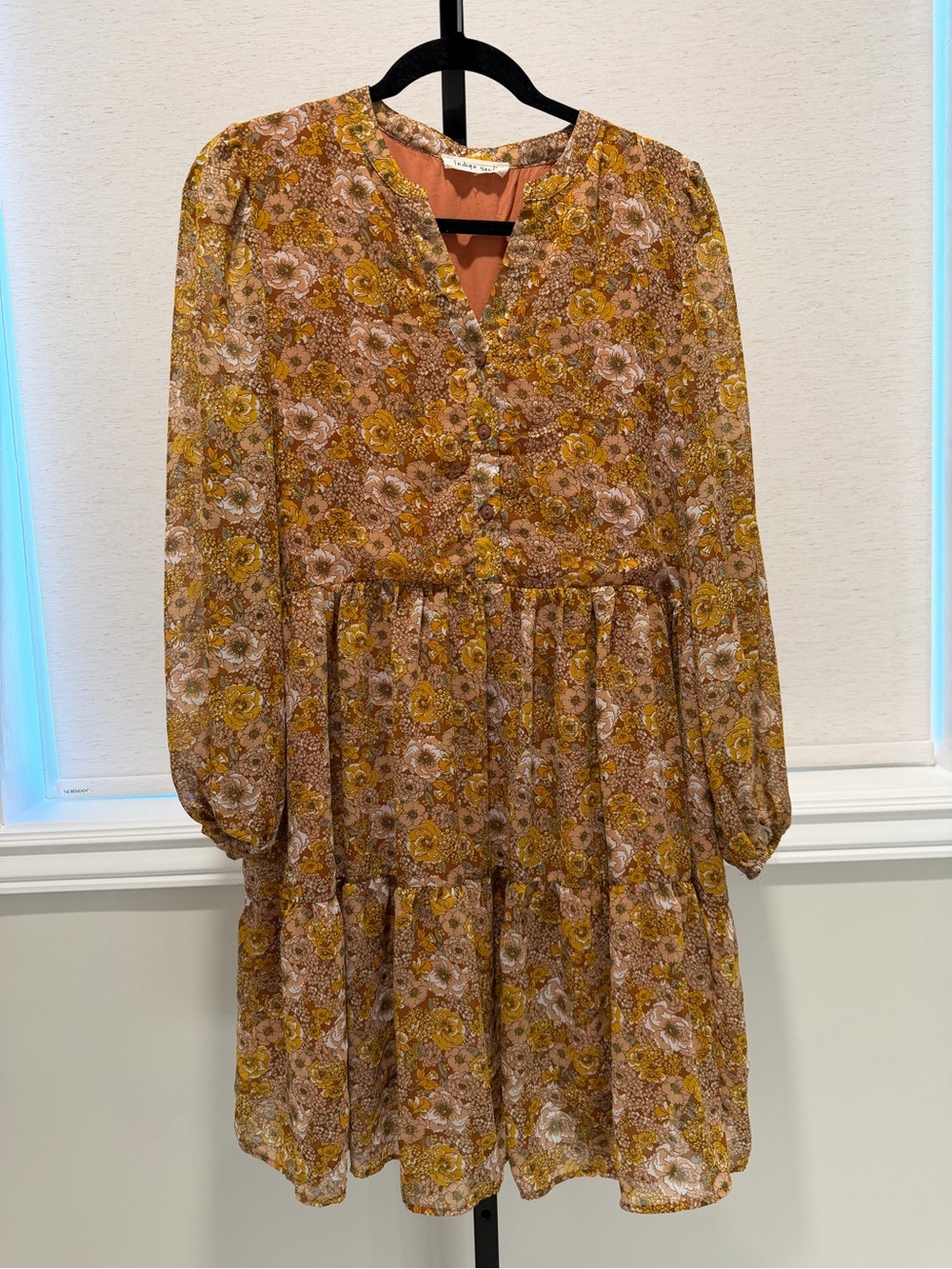 indigo soul Mustard Floral Tiered Long-Sleeve Dress